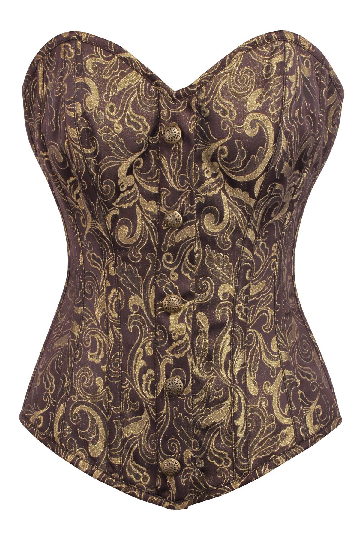 Brown And Gold Brocade Overbust Corset With Front Zip