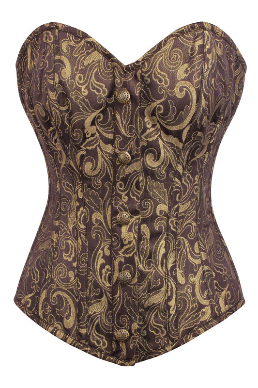 Brown And Gold Brocade Overbust Corset With Front Zip