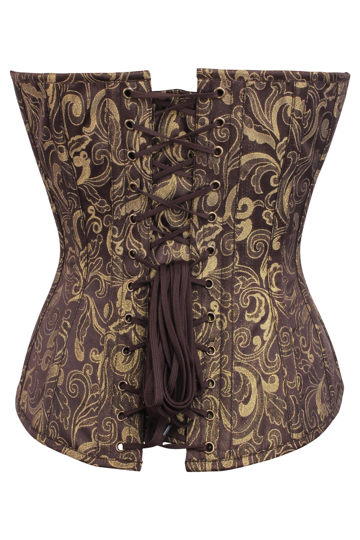 Brown And Gold Brocade Overbust Corset With Front Zip