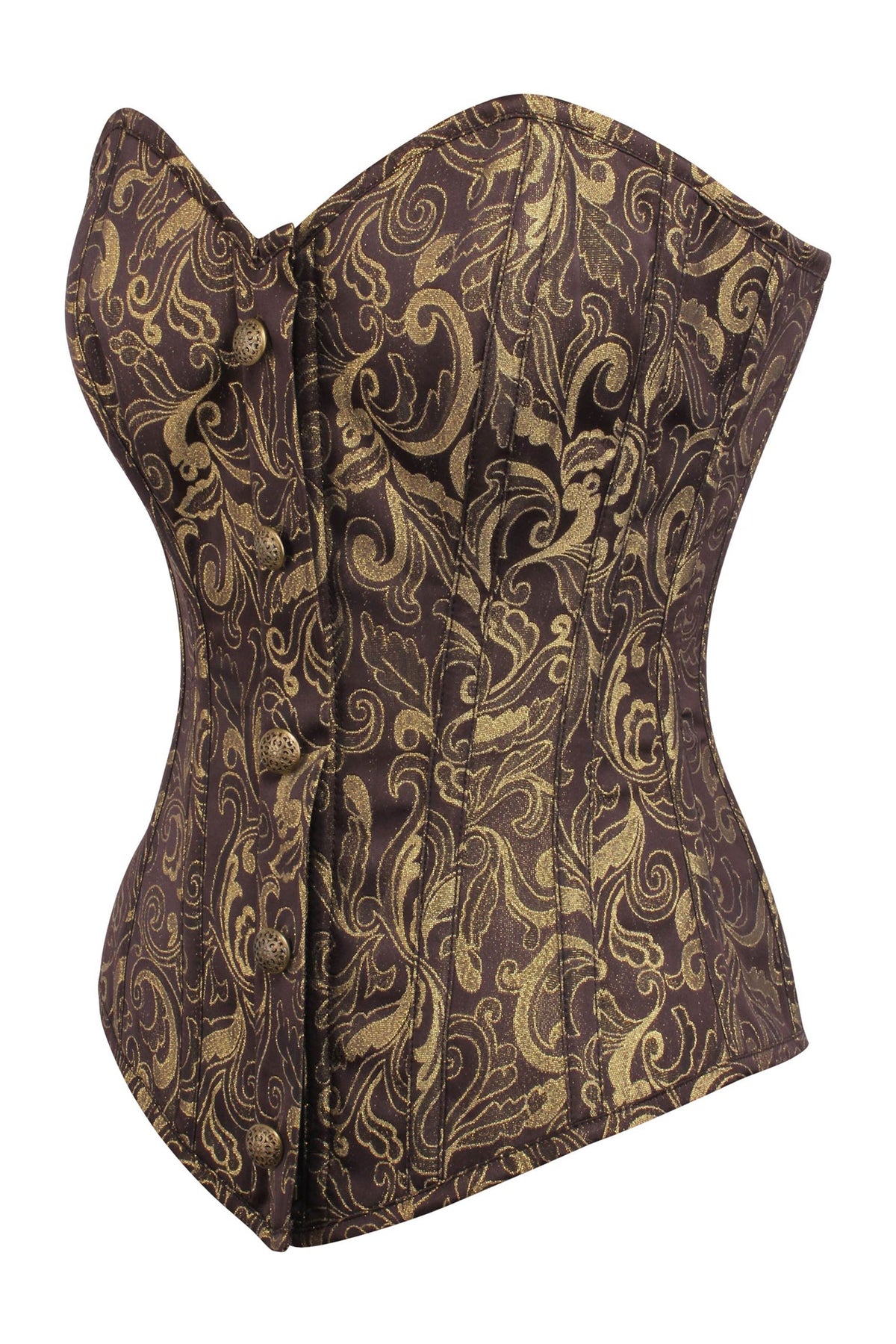 Brown And Gold Brocade Overbust Corset With Front Zip