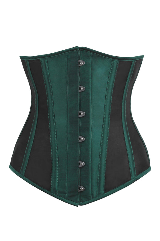 Green Taffeta And Mesh Underbust Corset With Hip Panels