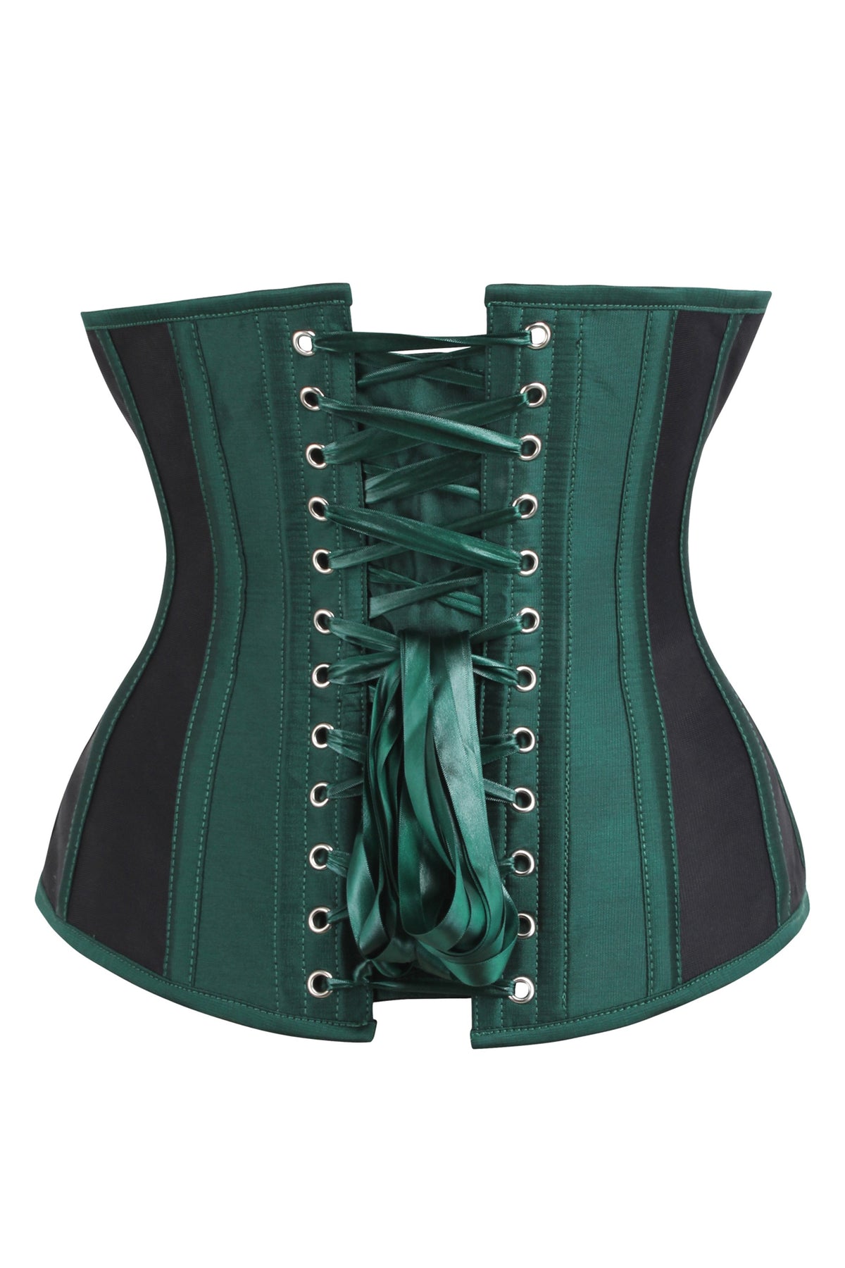 Green Taffeta And Mesh Underbust Corset With Hip Panels