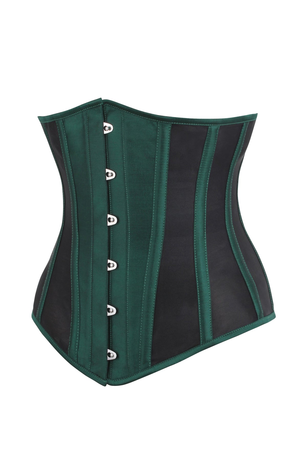 Green Taffeta And Mesh Underbust Corset With Hip Panels