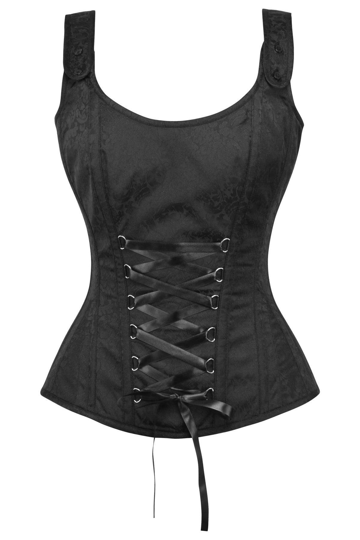 Black Brocade Overbust Corset With Zip Fastening And Button Detail Straps