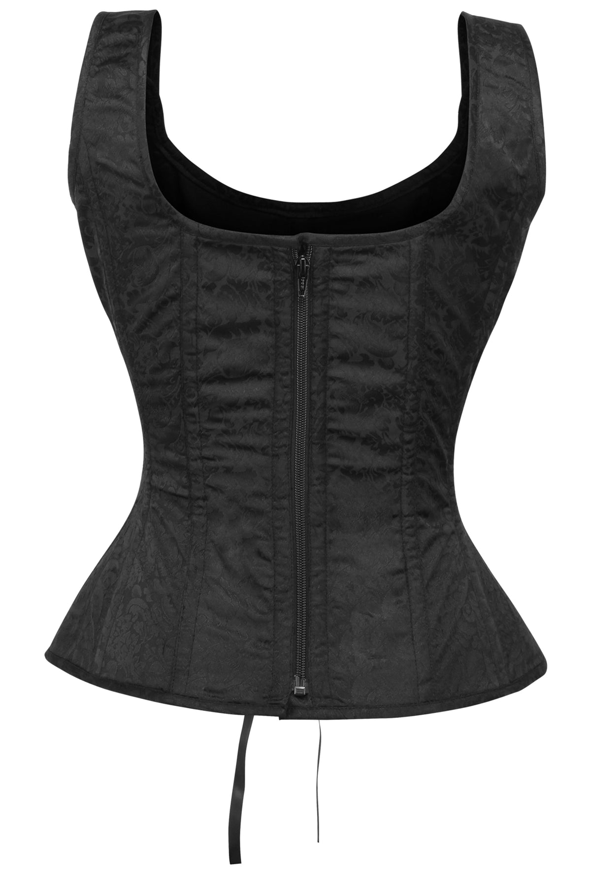 Black Brocade Overbust Corset With Zip Fastening And Button Detail Straps
