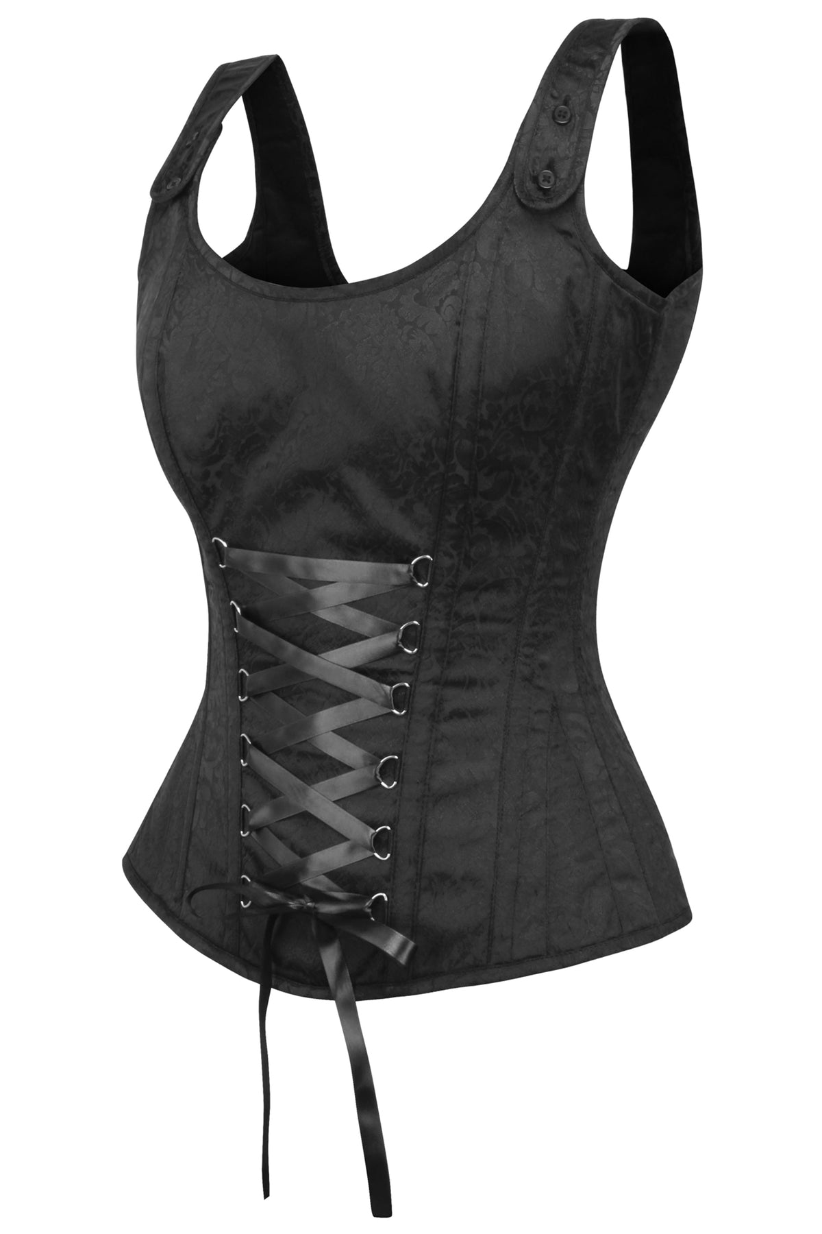 Black Brocade Overbust Corset With Zip Fastening And Button Detail Straps