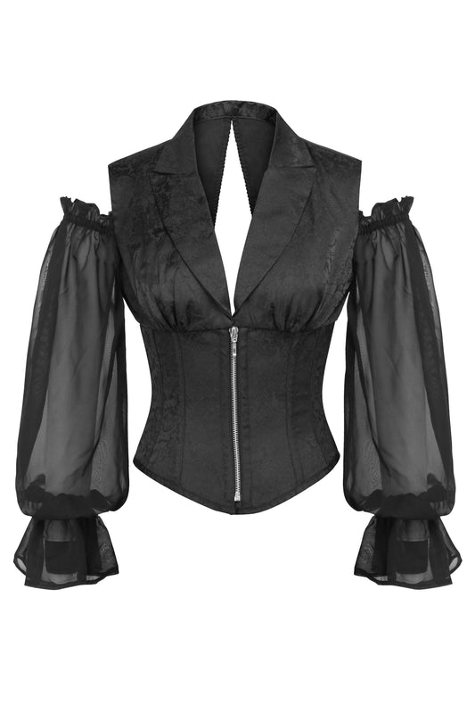 Black Brocade Corset Top With Long Sleeves With Zip Fastening