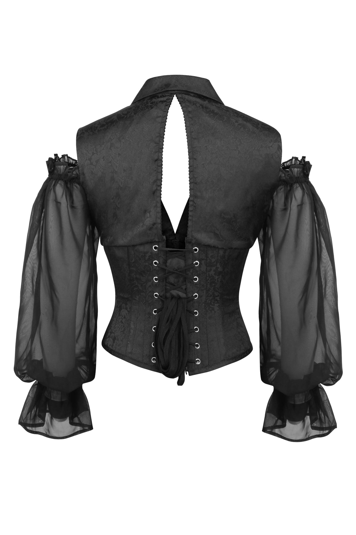 Black Brocade Corset Top With Long Sleeves With Zip Fastening
