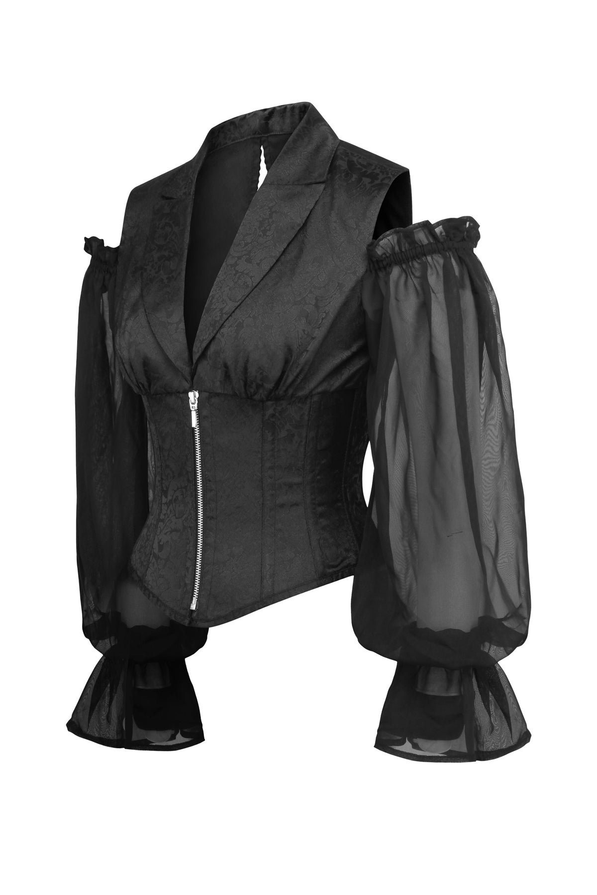 Black Brocade Corset Top With Long Sleeves With Zip Fastening
