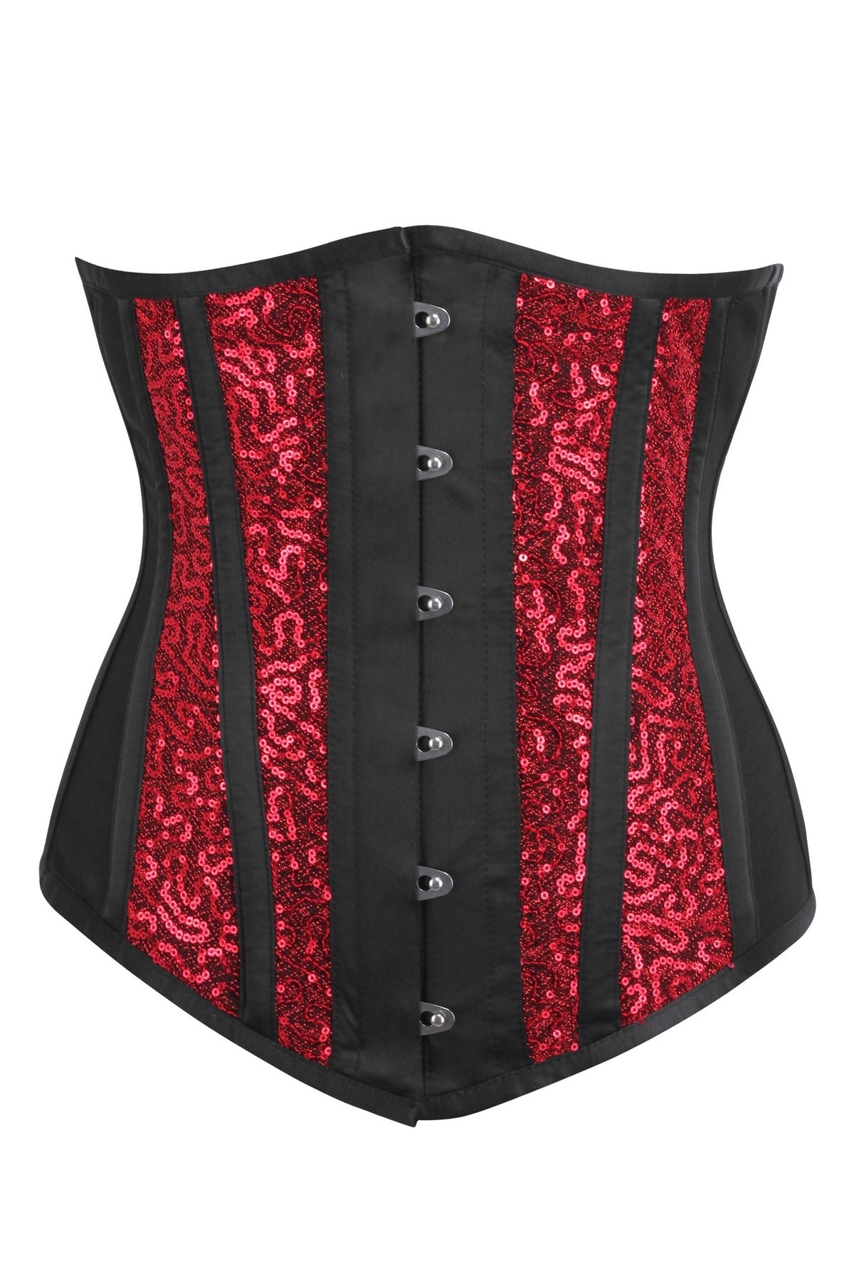 Black And Red Underbust Corset With Mesh Panels And Sequins