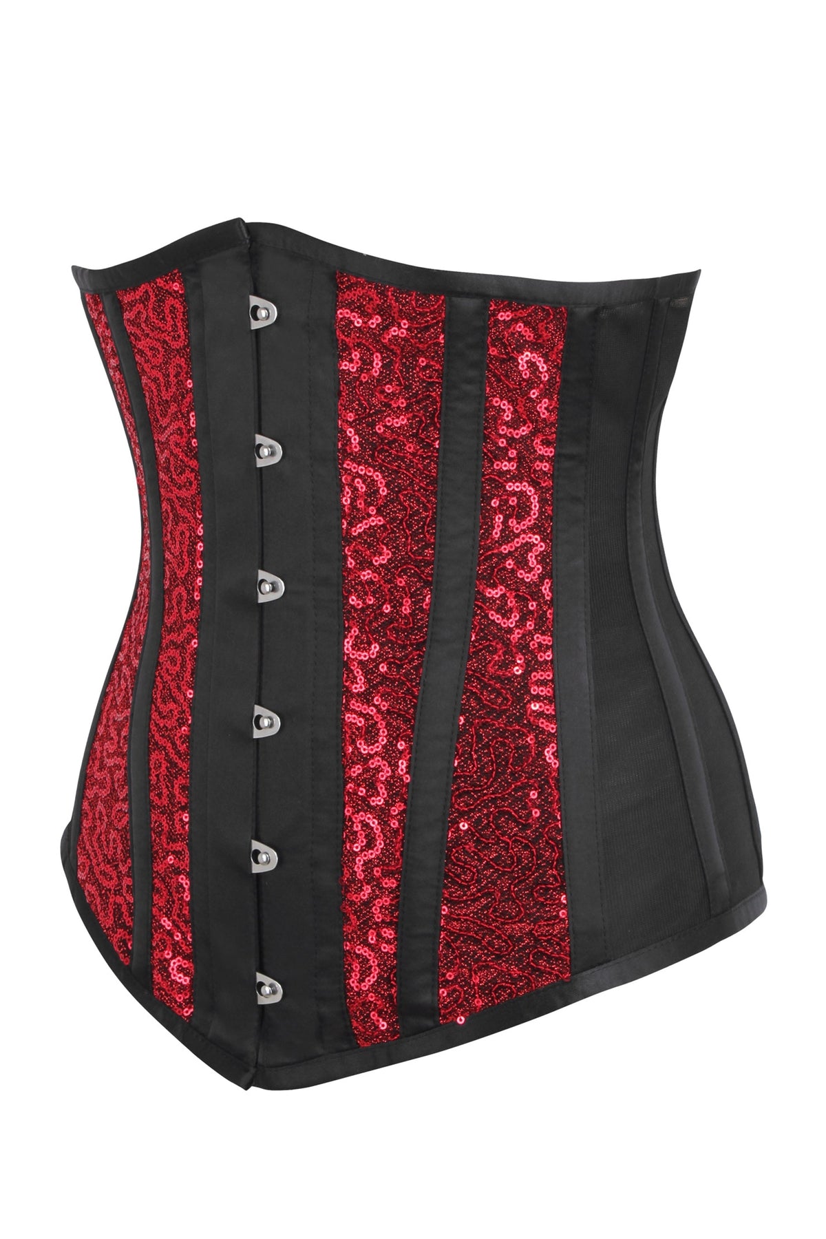 Black And Red Underbust Corset With Mesh Panels And Sequins