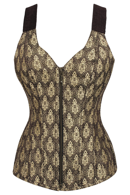 Brown And Gold Brocade Overbust With Zip Front