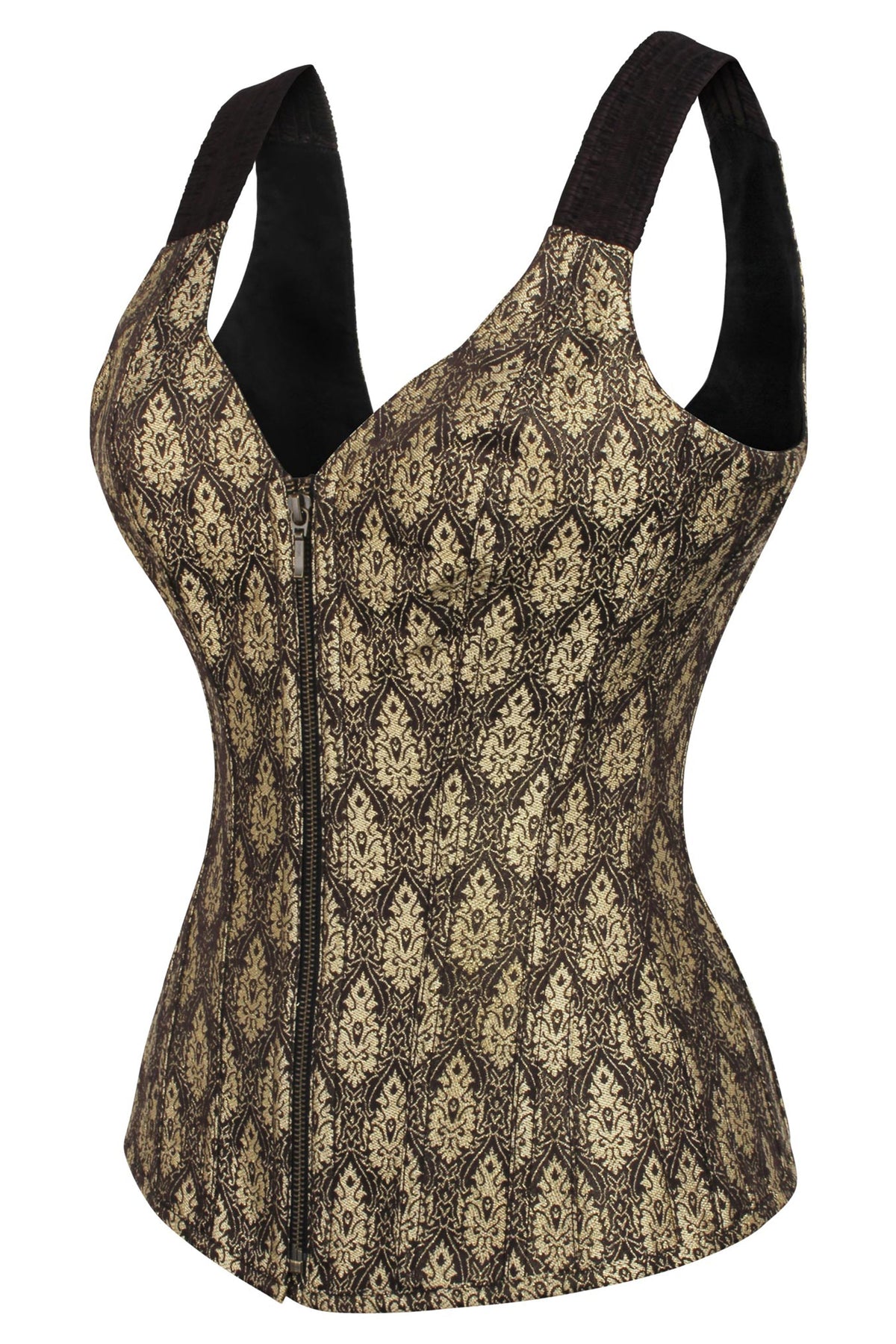 Brown And Gold Brocade Overbust With Zip Front