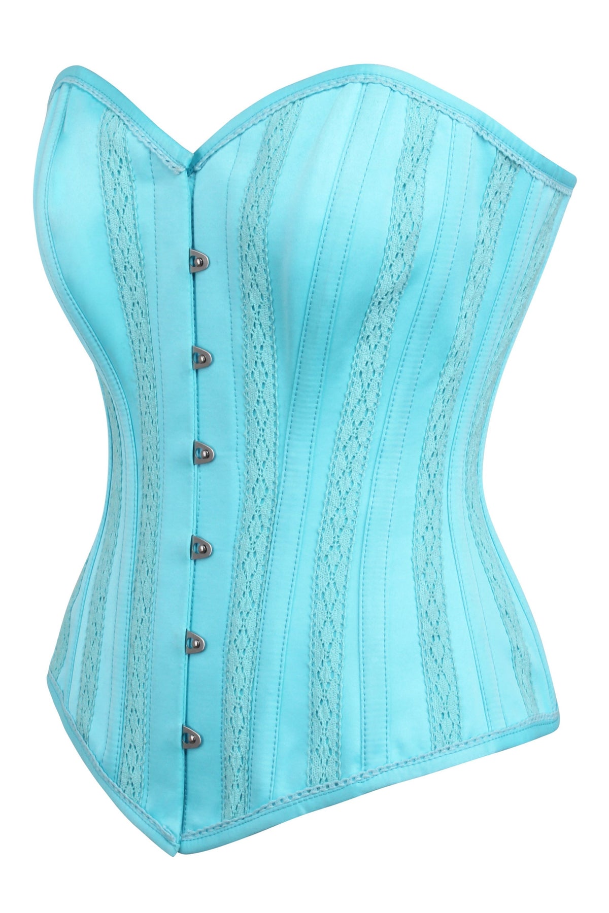Cyan Blue Satin Overbust With Lace Trim Detailing