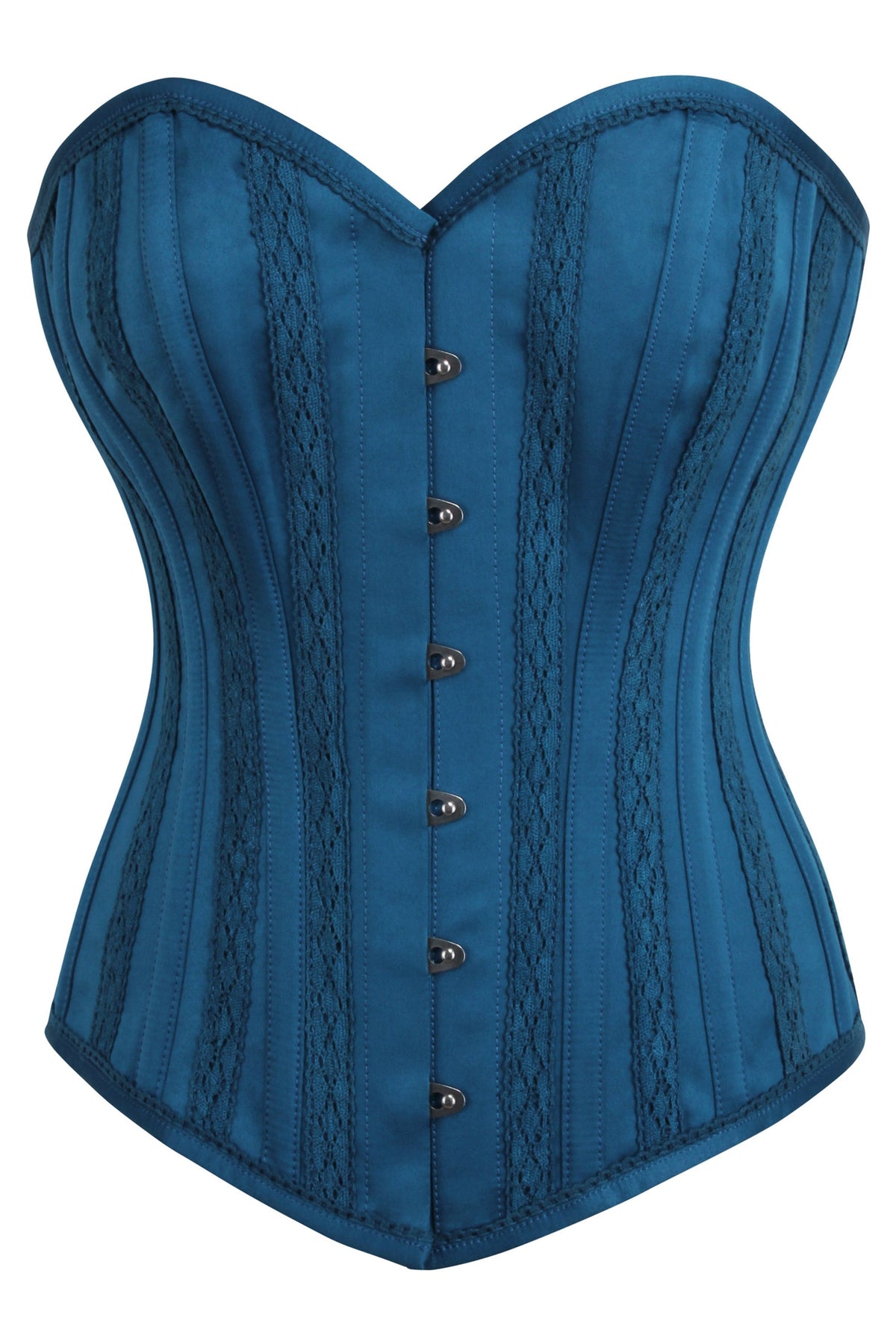 Blue Satin Overbust With Lace Trim Detailing