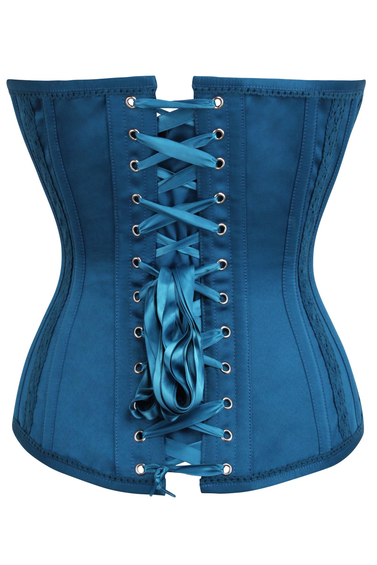 Blue Satin Overbust With Lace Trim Detailing