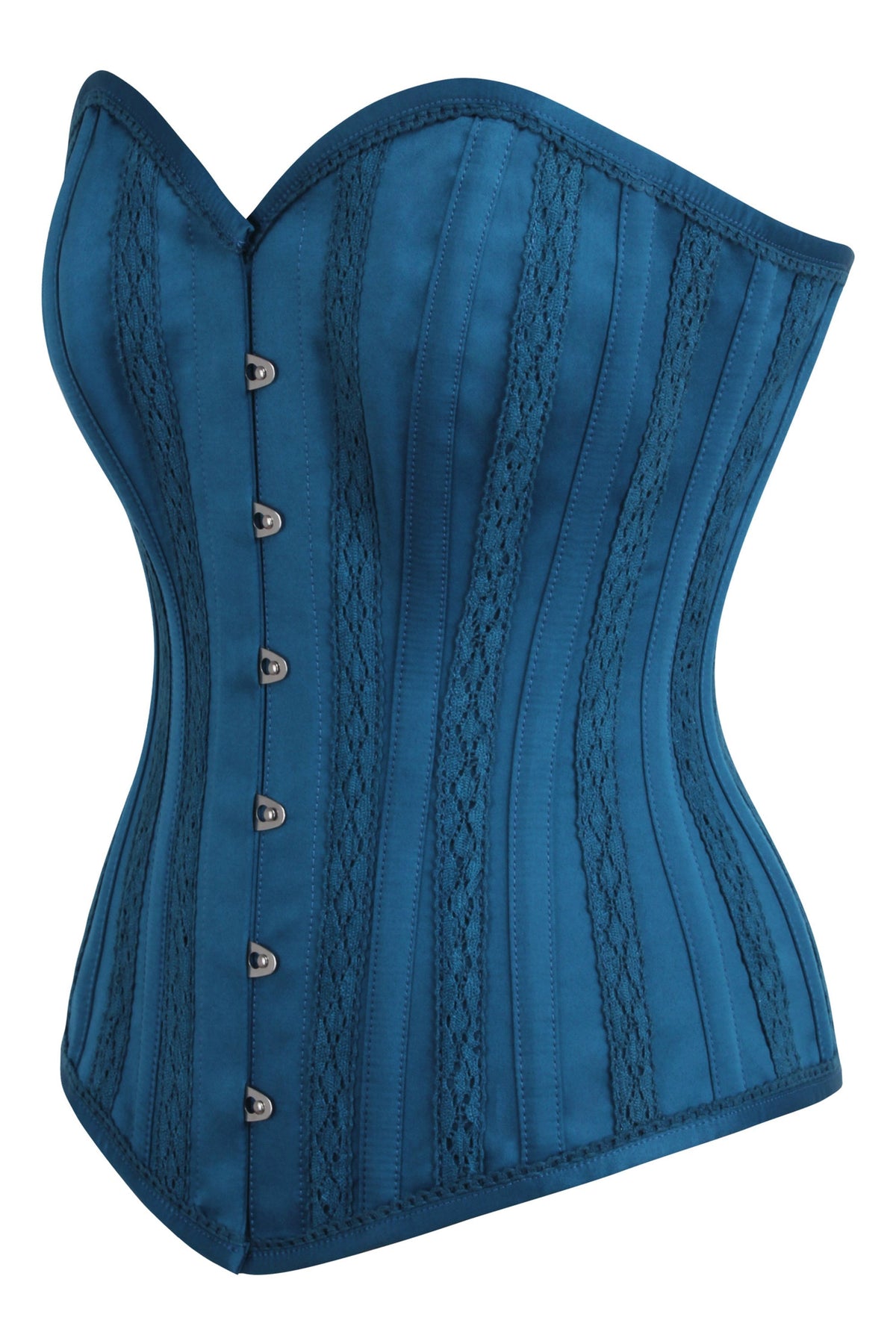 Blue Satin Overbust With Lace Trim Detailing