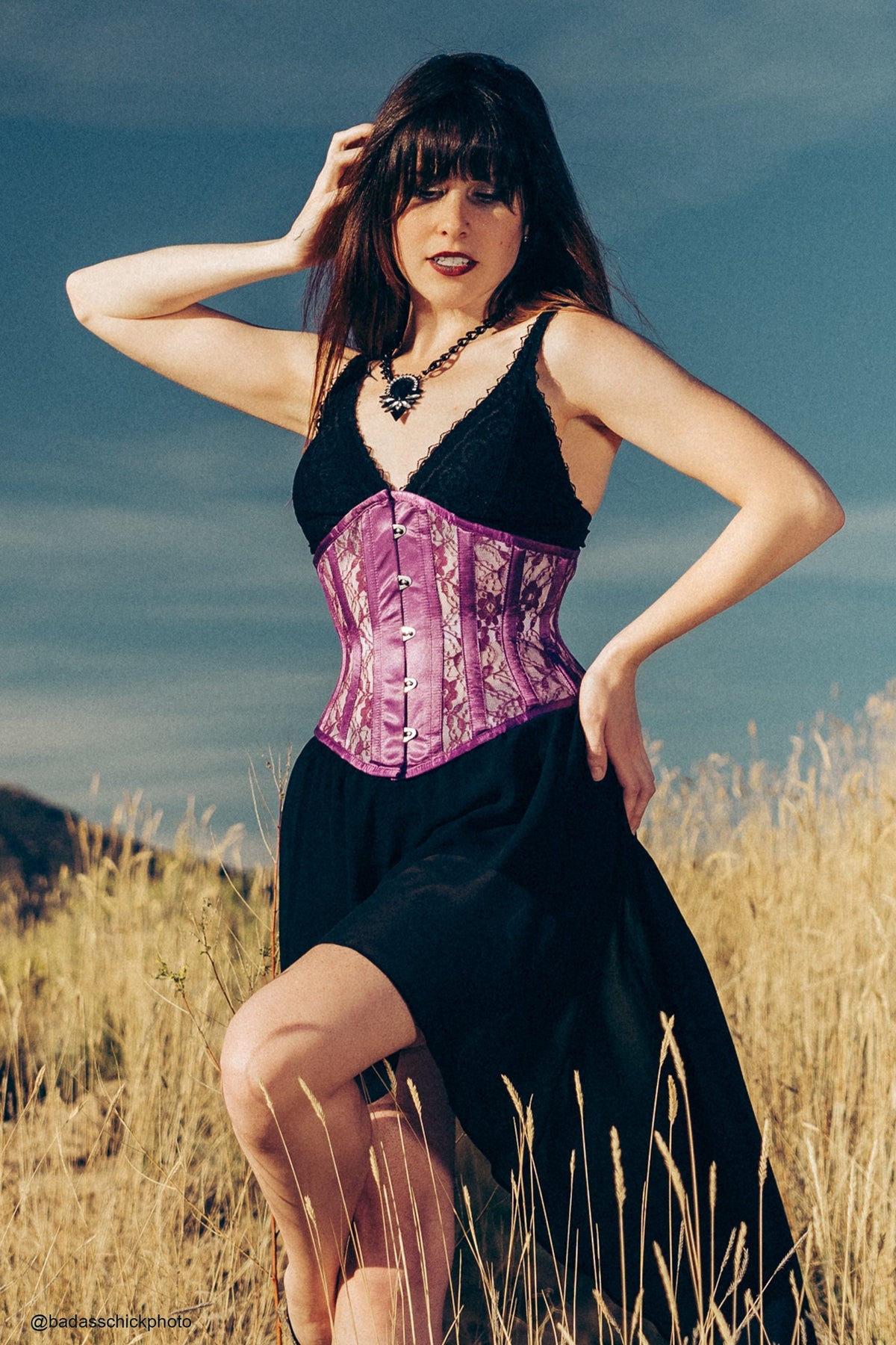 Purple Underbust Corset With Lace And Mesh Panels