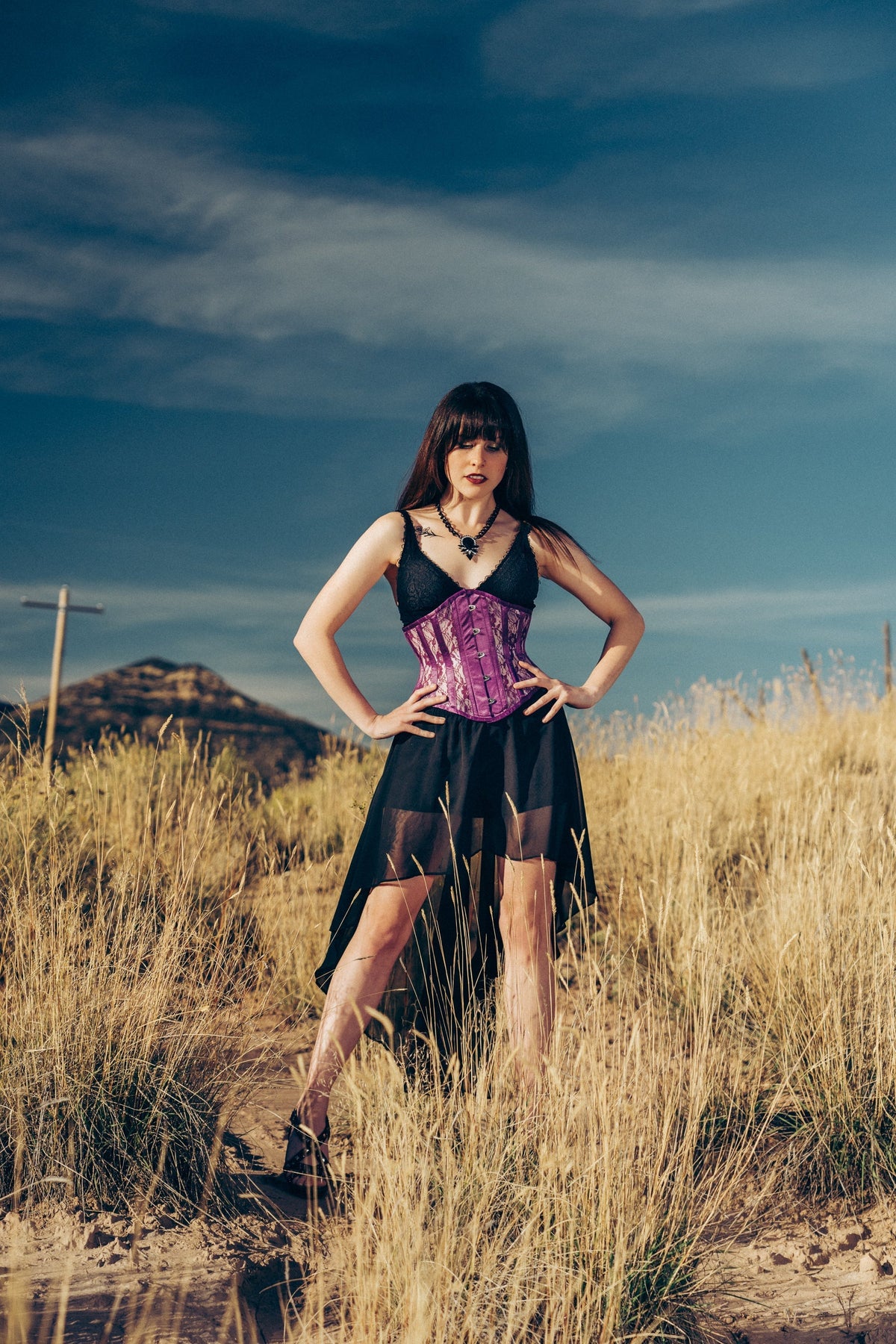 Purple Underbust Corset With Lace And Mesh Panels