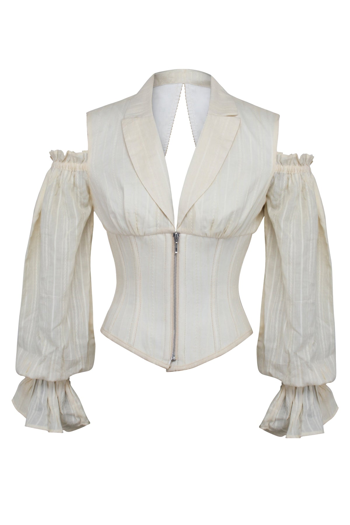 Ivory Corset Top With Front Zip And Long Sleeves