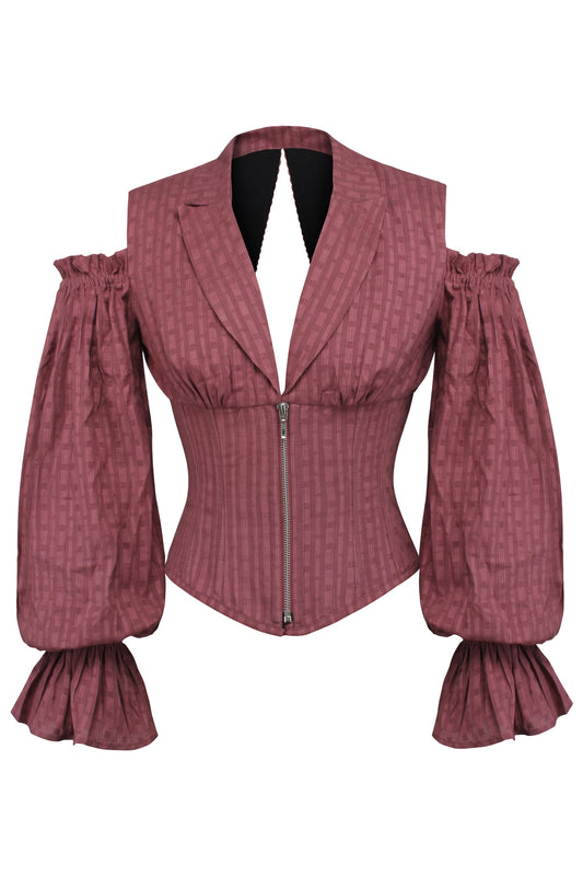 Terracotta Corset Top With Front Zip And Long Sleeves