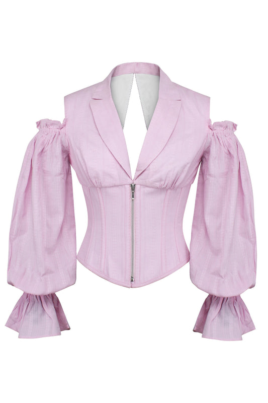 Pale Pink Corset Top With Front Zip And Long Sleeves