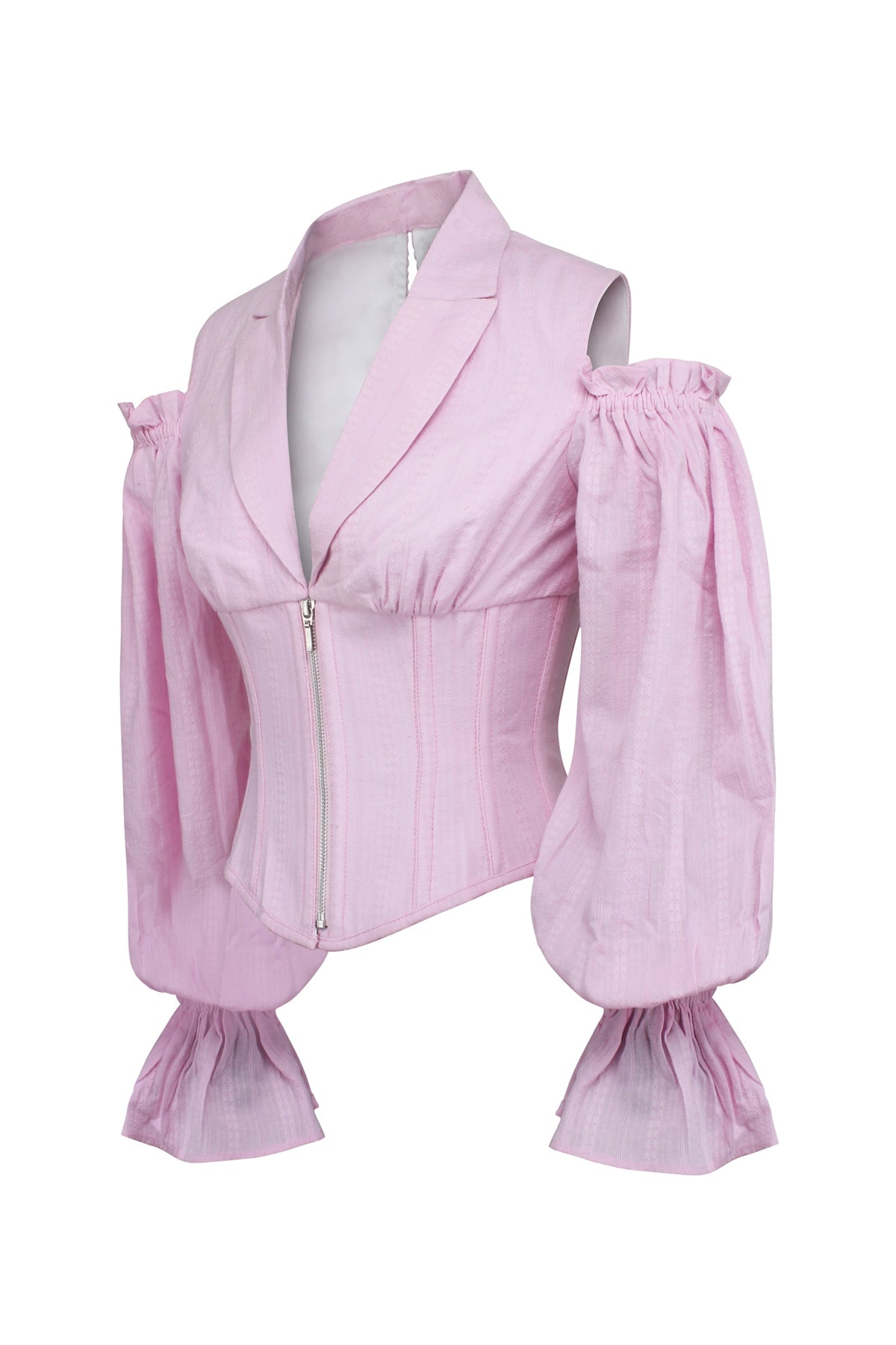 Pale Pink Corset Top With Front Zip And Long Sleeves