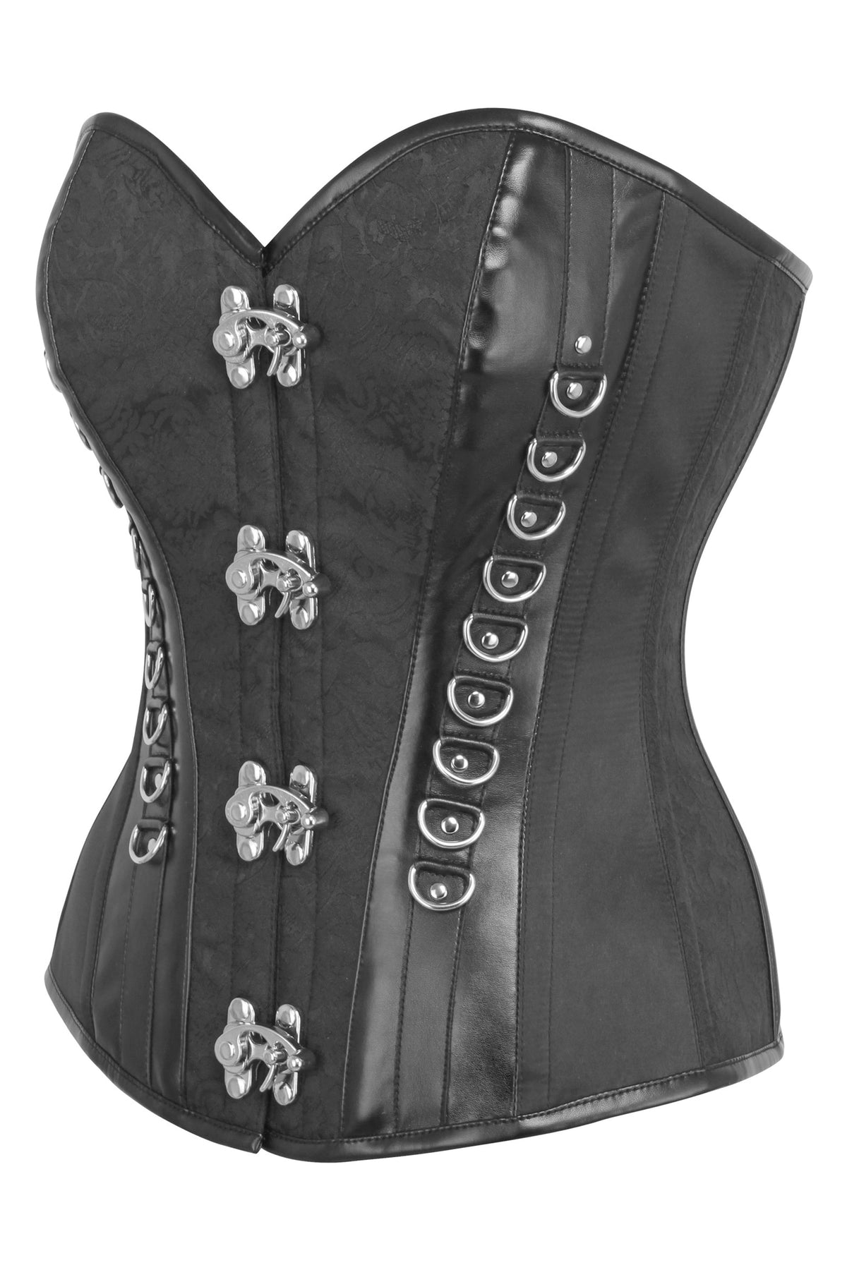 Black Brocade Overbust Corset With PVC Trims And Metal Loop Features