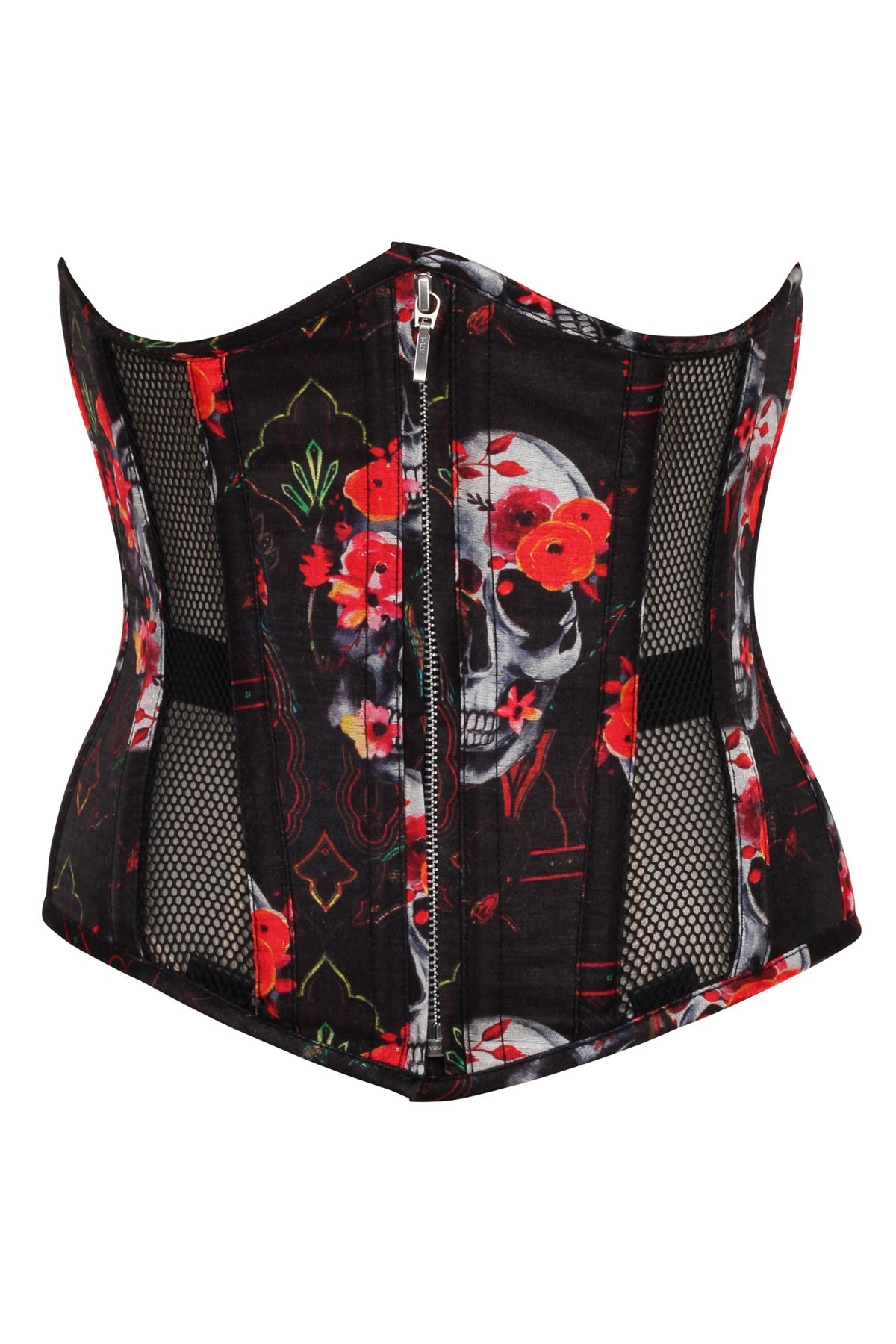 Gothic Mesh Panelled Corset With Skull Print