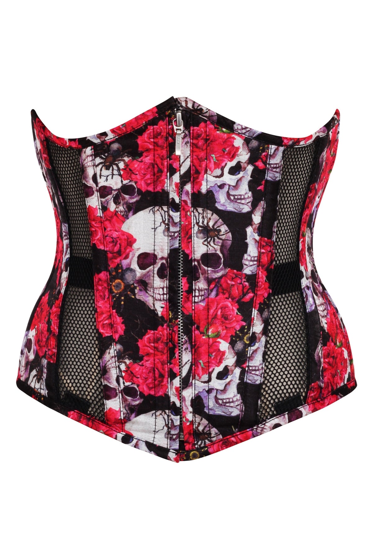 Gothic Mesh Panelled Corset With Skull And Flower Print