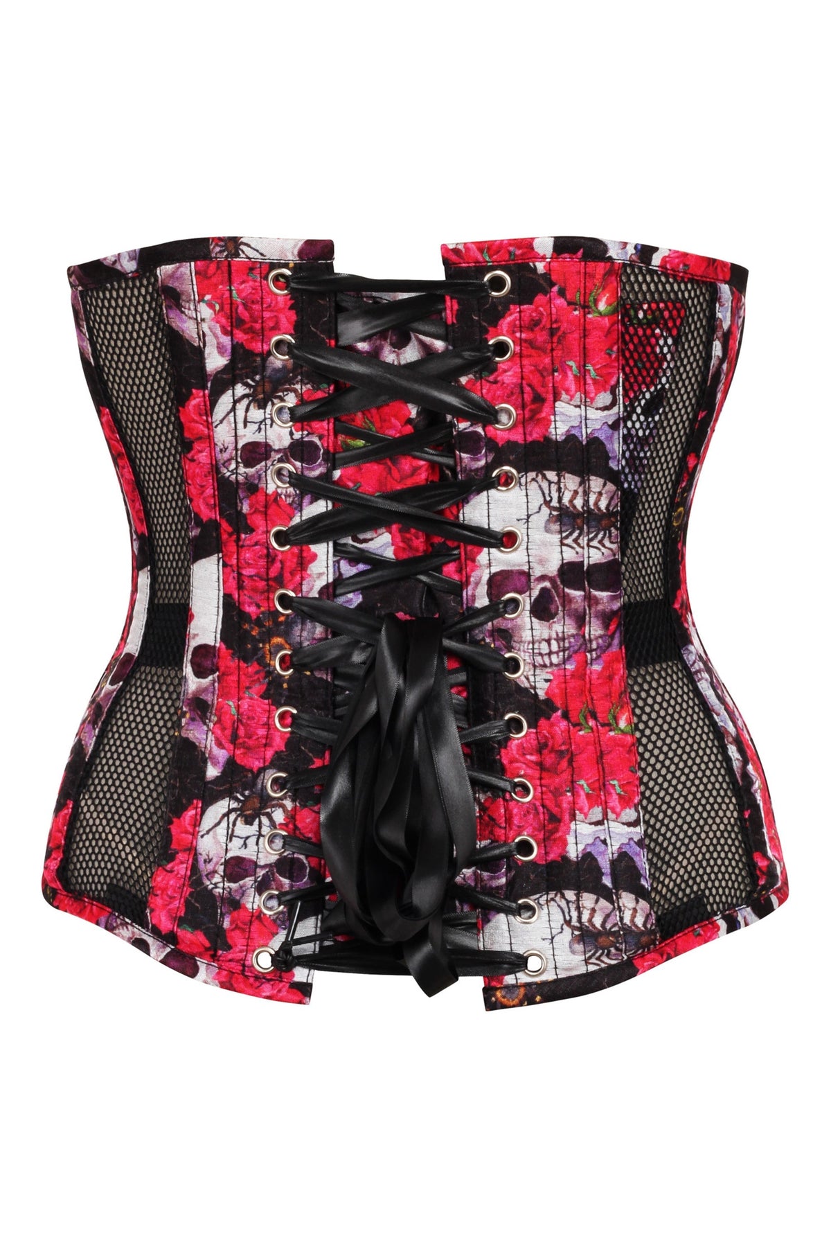 Gothic Mesh Panelled Corset With Skull And Flower Print