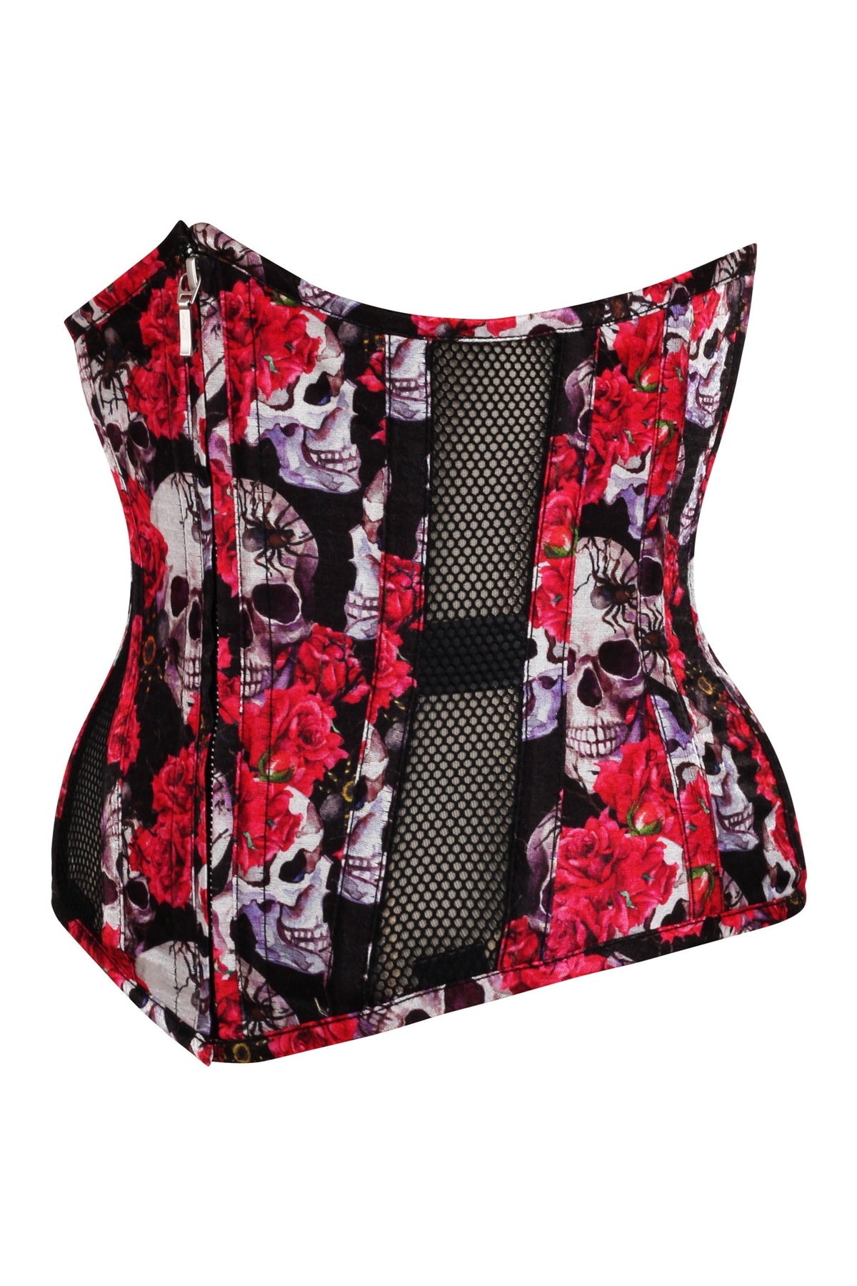 Gothic Mesh Panelled Corset With Skull And Flower Print