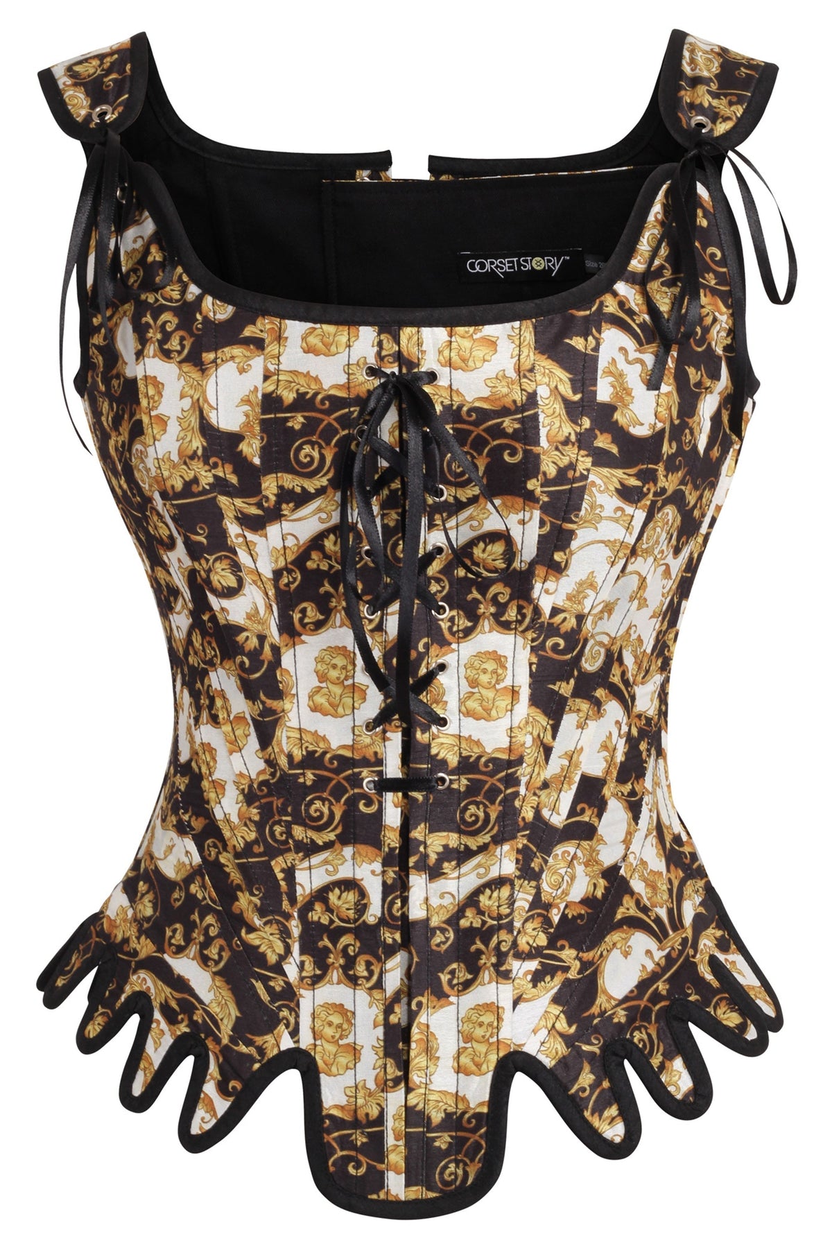 Historically Inspired Black And Gold Corset With Roman-Italian Style Print