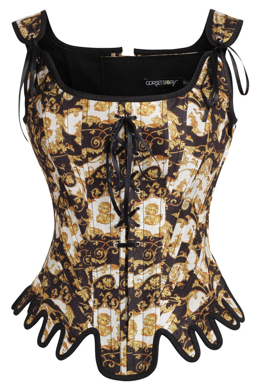 Historically Inspired Black And Gold Corset With Roman-Italian Style Print