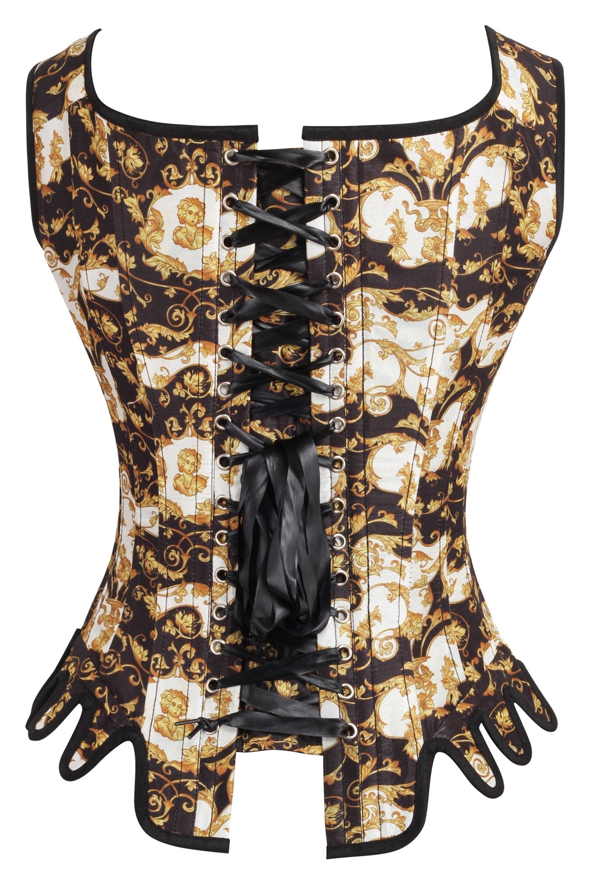 Historically Inspired Black And Gold Corset With Roman-Italian Style Print