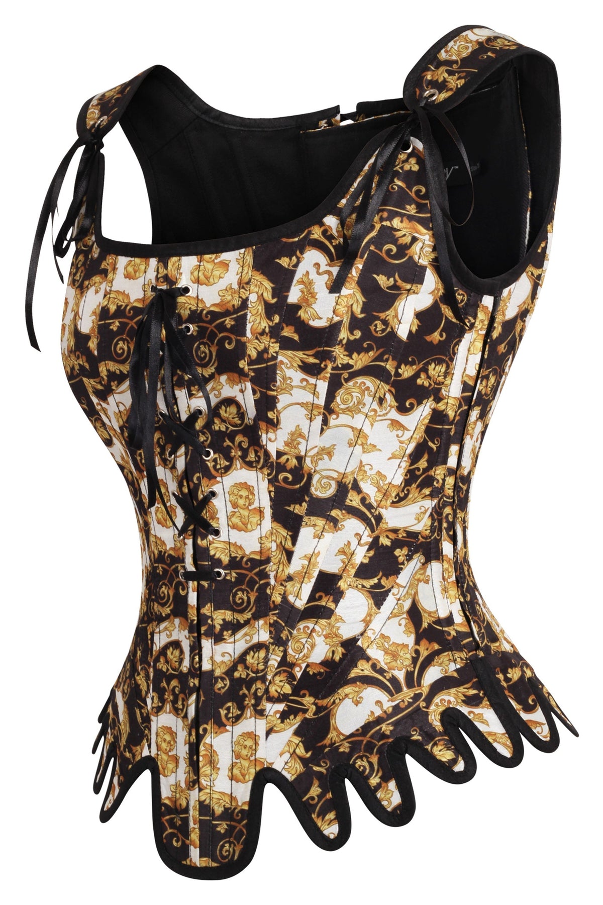Historically Inspired Black And Gold Corset With Roman-Italian Style Print