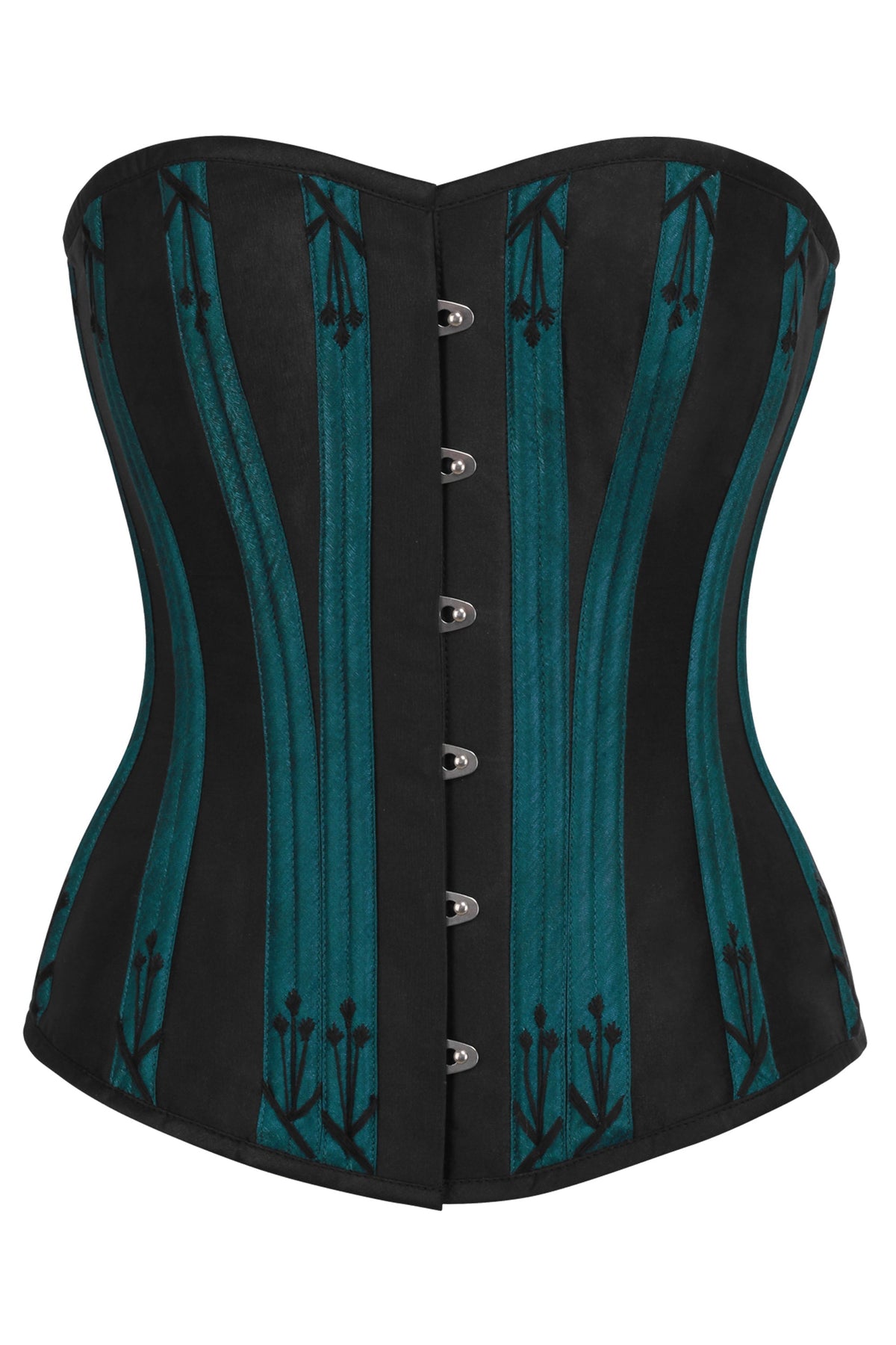Black And Teal Overbust Corset With Flossing
