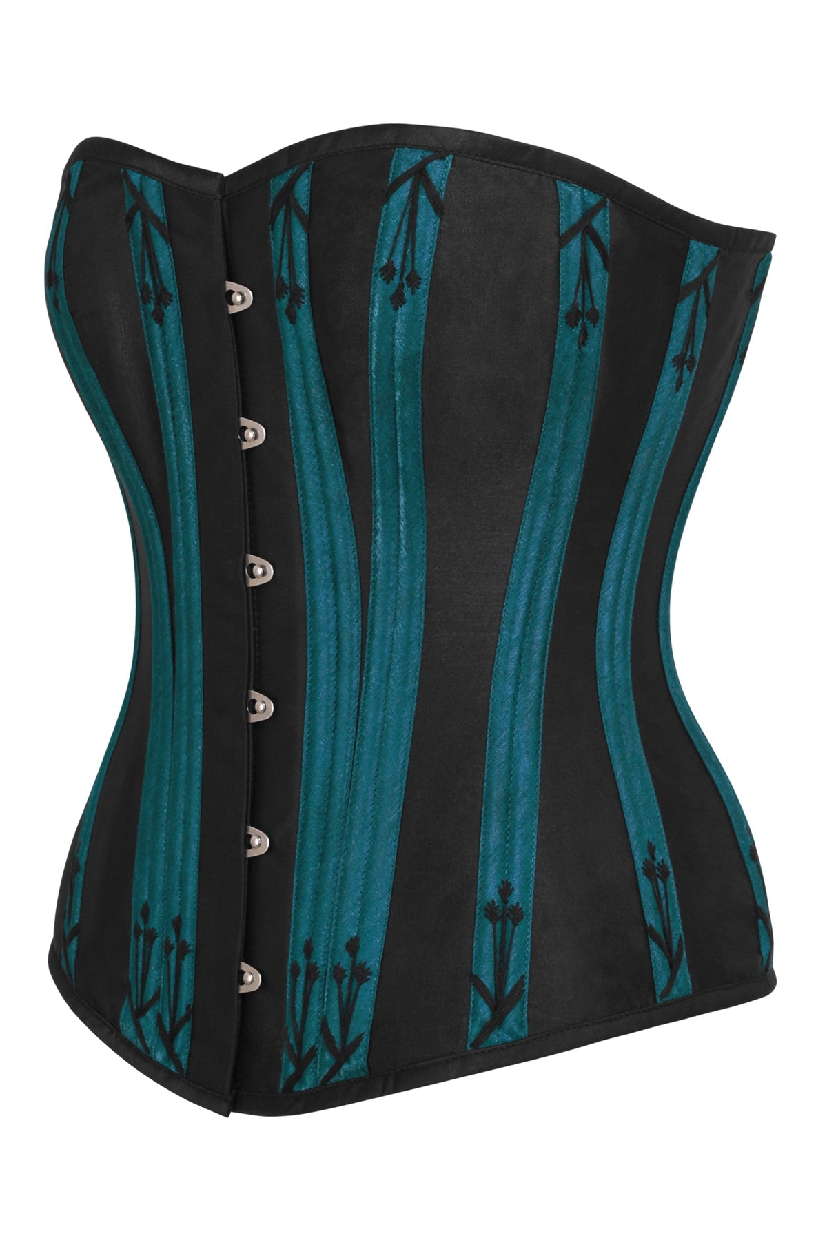 Black And Teal Overbust Corset With Flossing