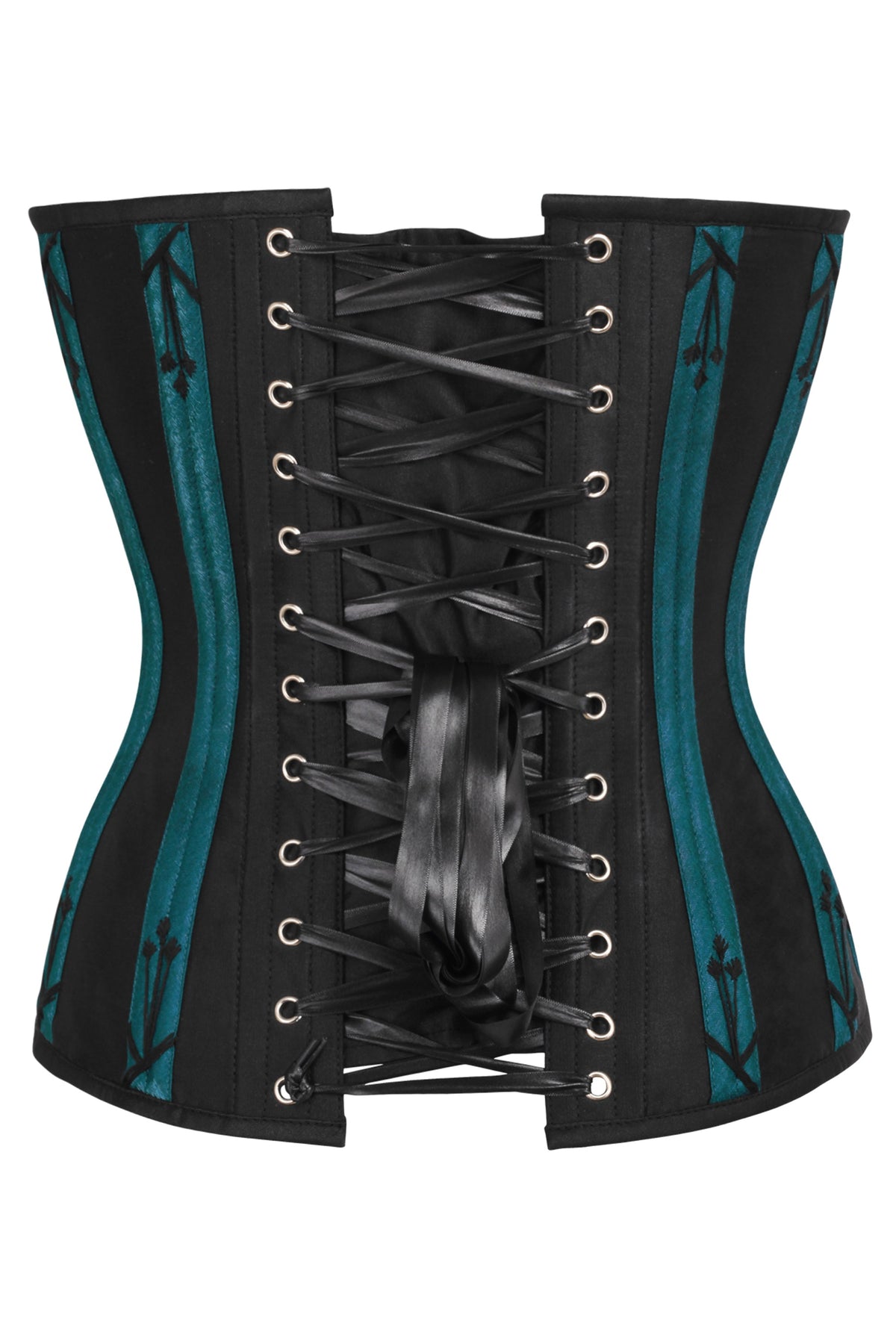 Black And Teal Overbust Corset With Flossing
