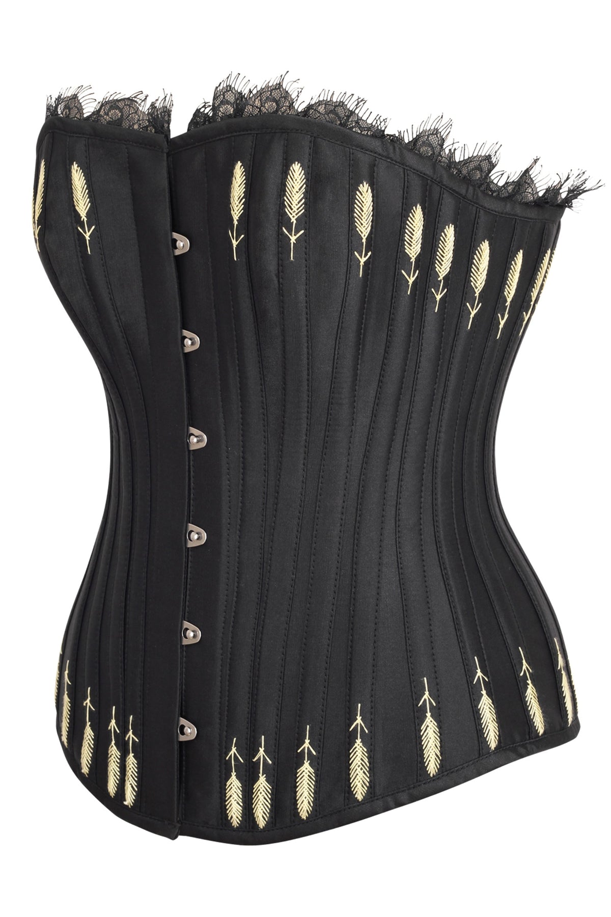 Black Satin Overbust Corset With Lace And Flossing Finish