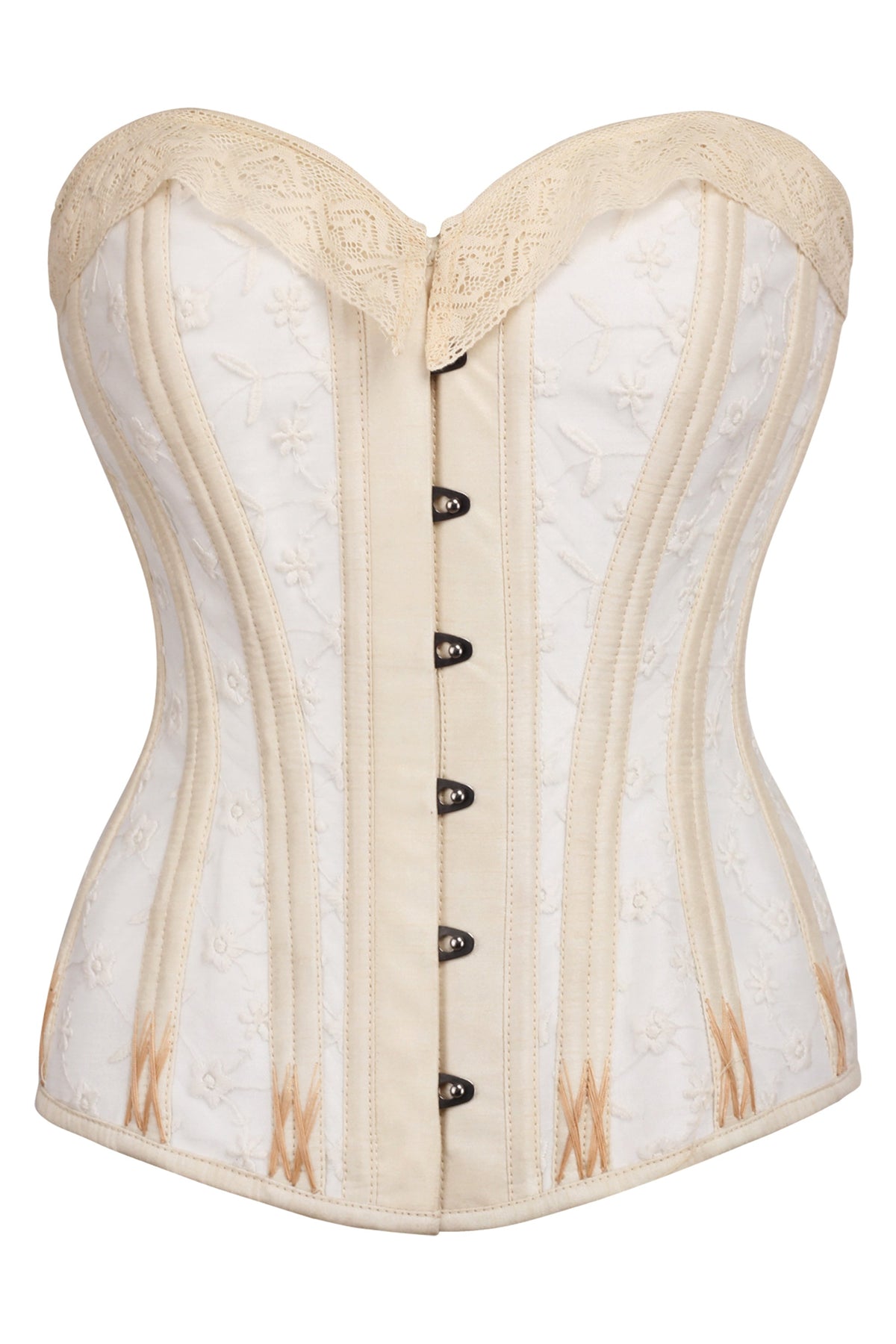White And Gold Overbust Corset With Lace And Flossing Finish