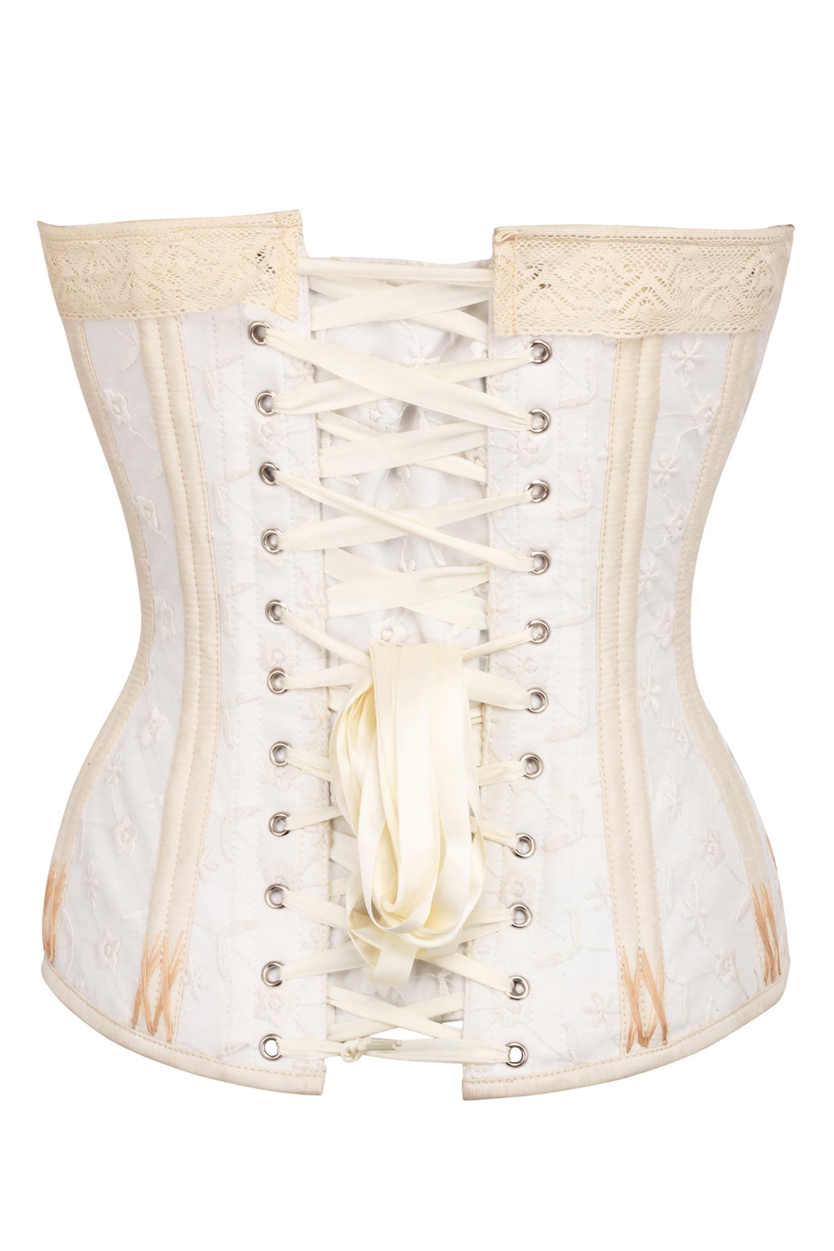 White And Gold Overbust Corset With Lace And Flossing Finish