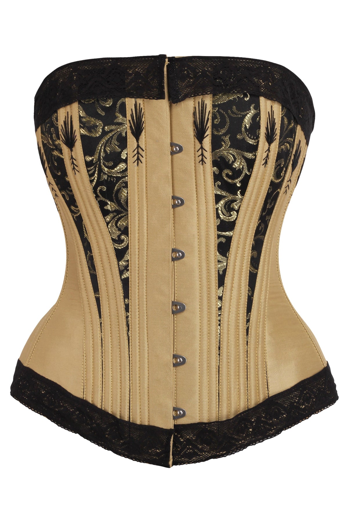 Black And Gold Overbust Corset With Lace And Flossing