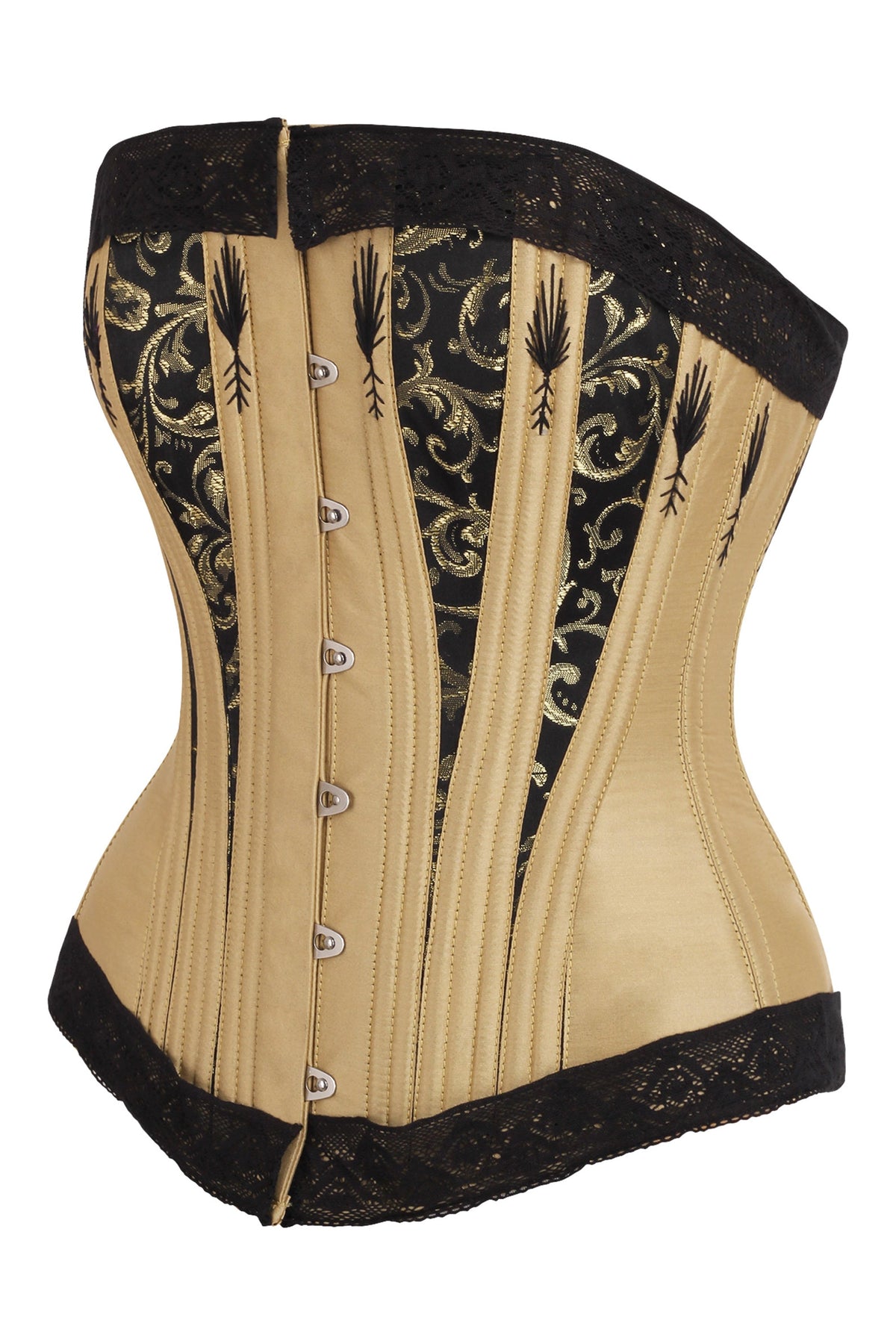 Black And Gold Overbust Corset With Lace And Flossing