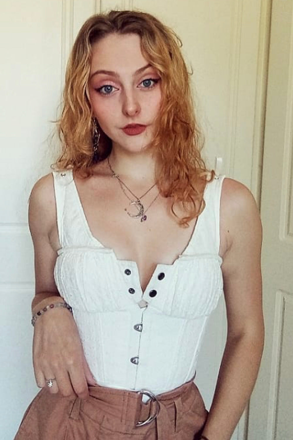White Cotton Embroidery Anglaise Overbust With Gathered Bust