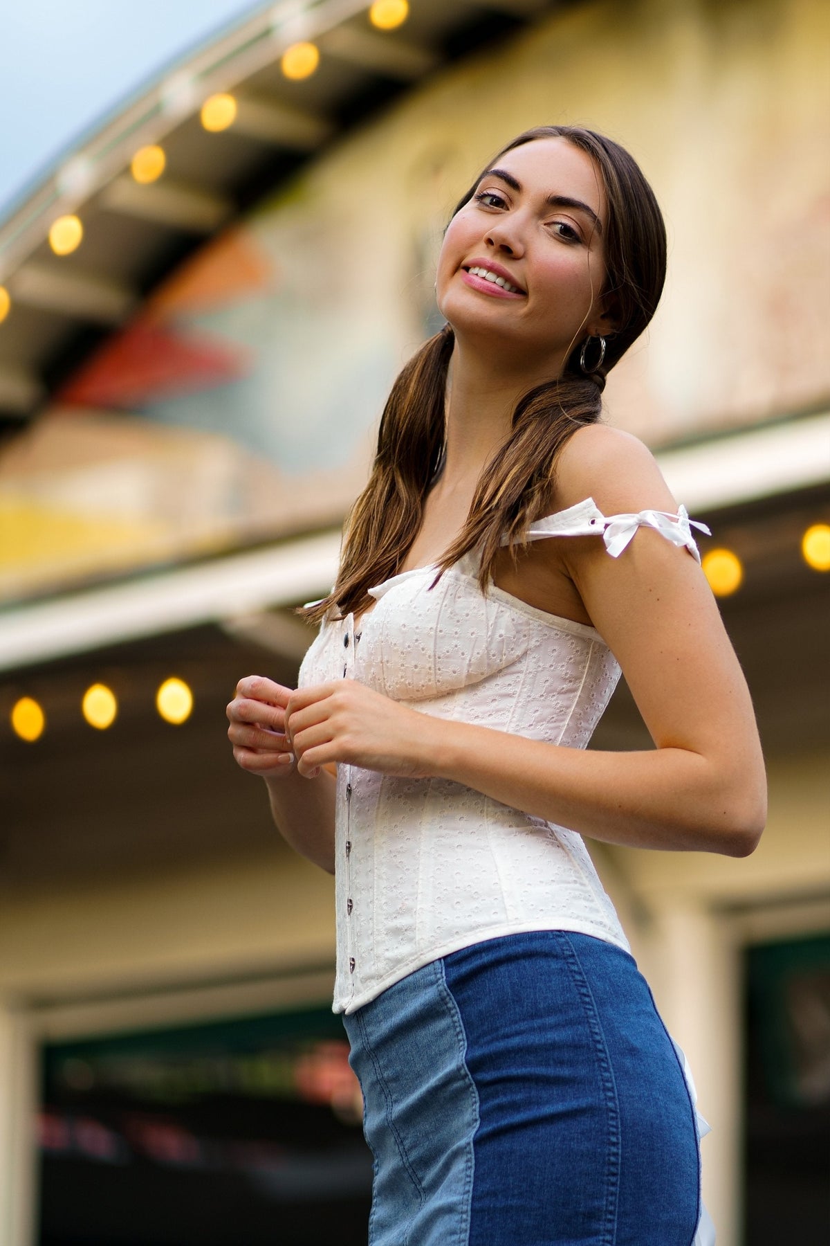 White Cotton Embroidery Anglaise Overbust With Gathered Bust