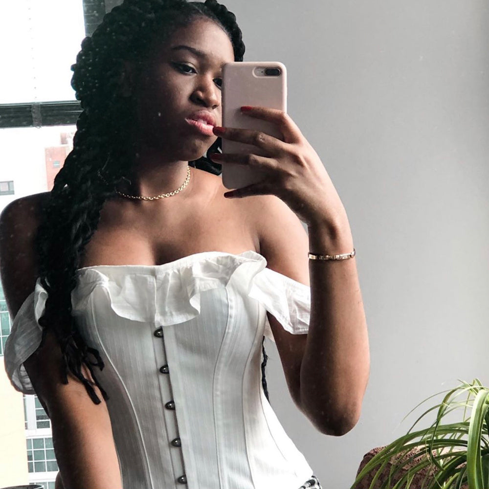 White Cotton Straight Bustline Corset Top With Off The Shoulder Sleeves