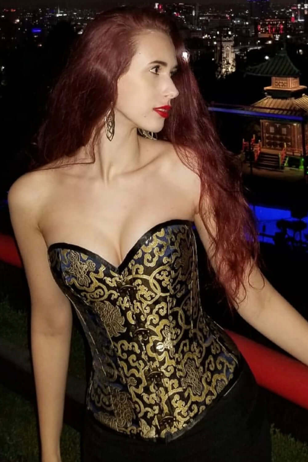 Black With Gold Brocade Pattern Longline Overbust With Hooks