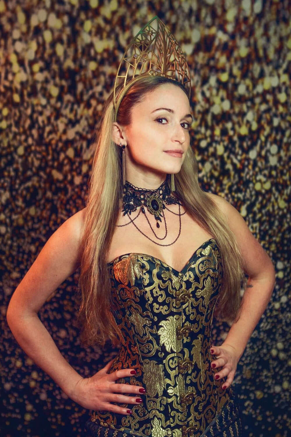 Black With Gold Brocade Pattern Longline Overbust With Hooks