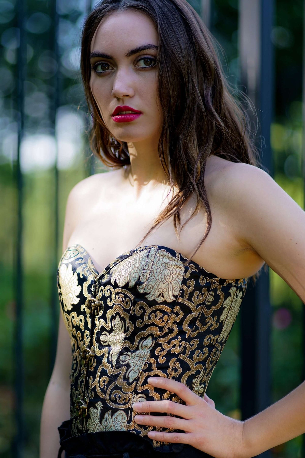 Black With Gold Brocade Pattern Longline Overbust With Hooks
